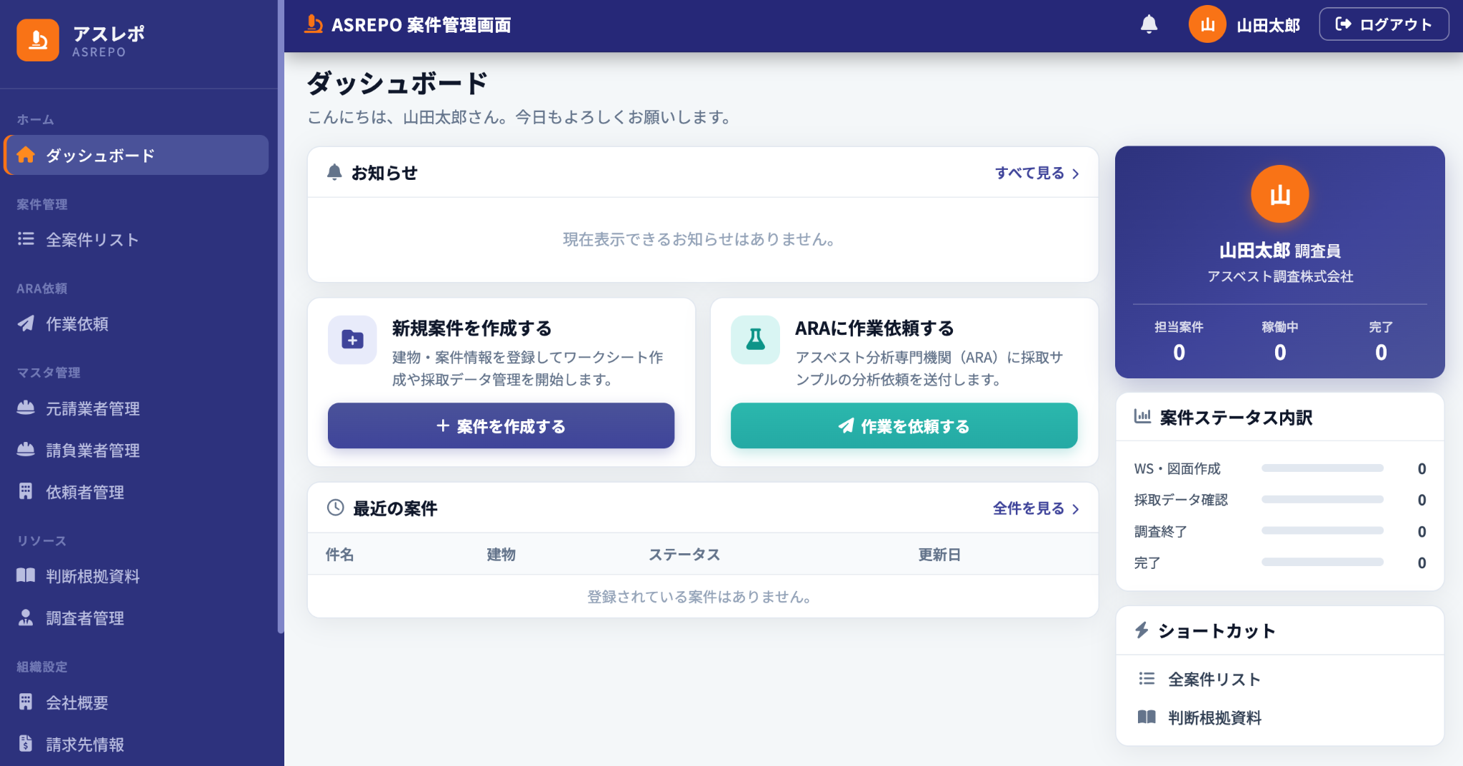 アスレポ案件管理画面のダッシュボード