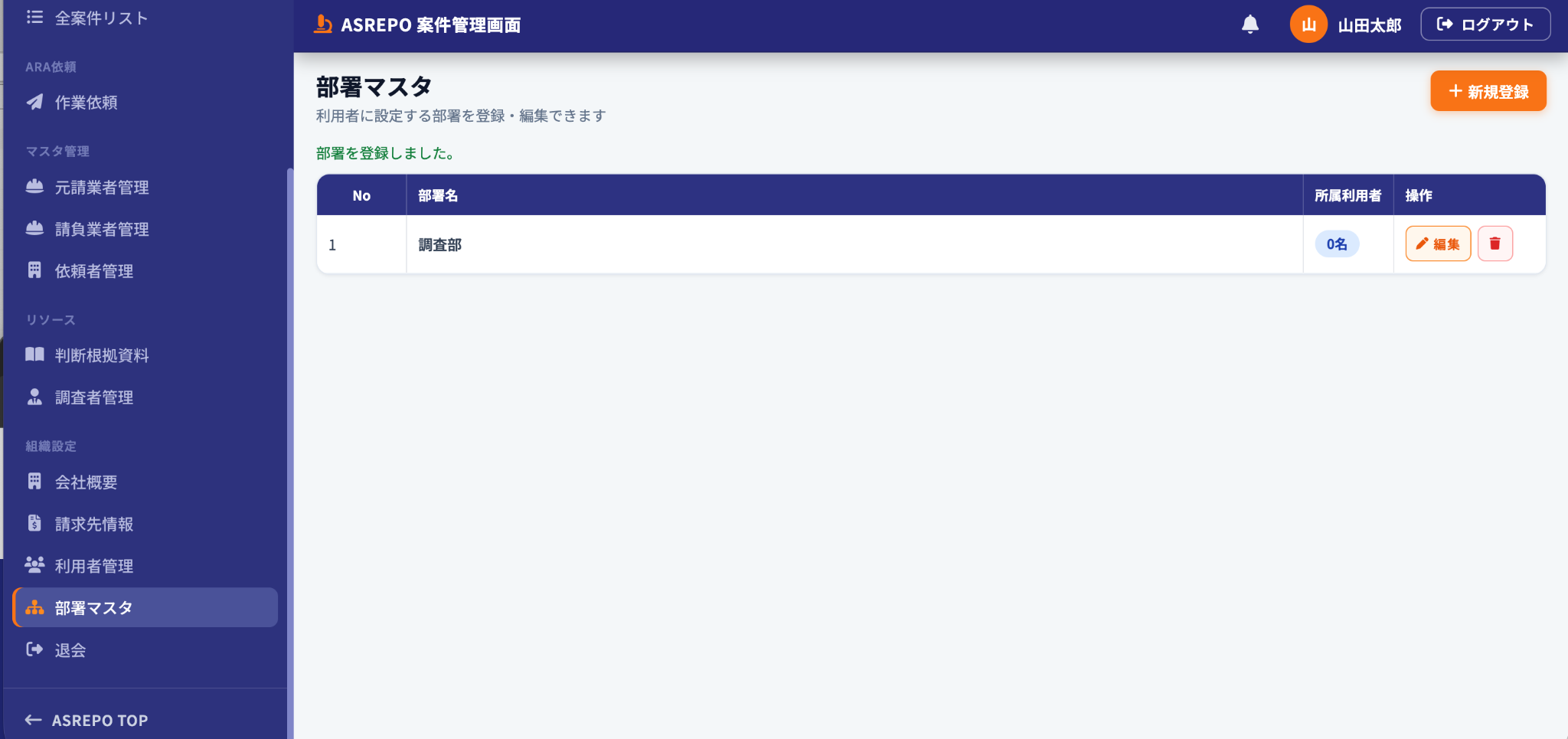 部署登録後の一覧画面