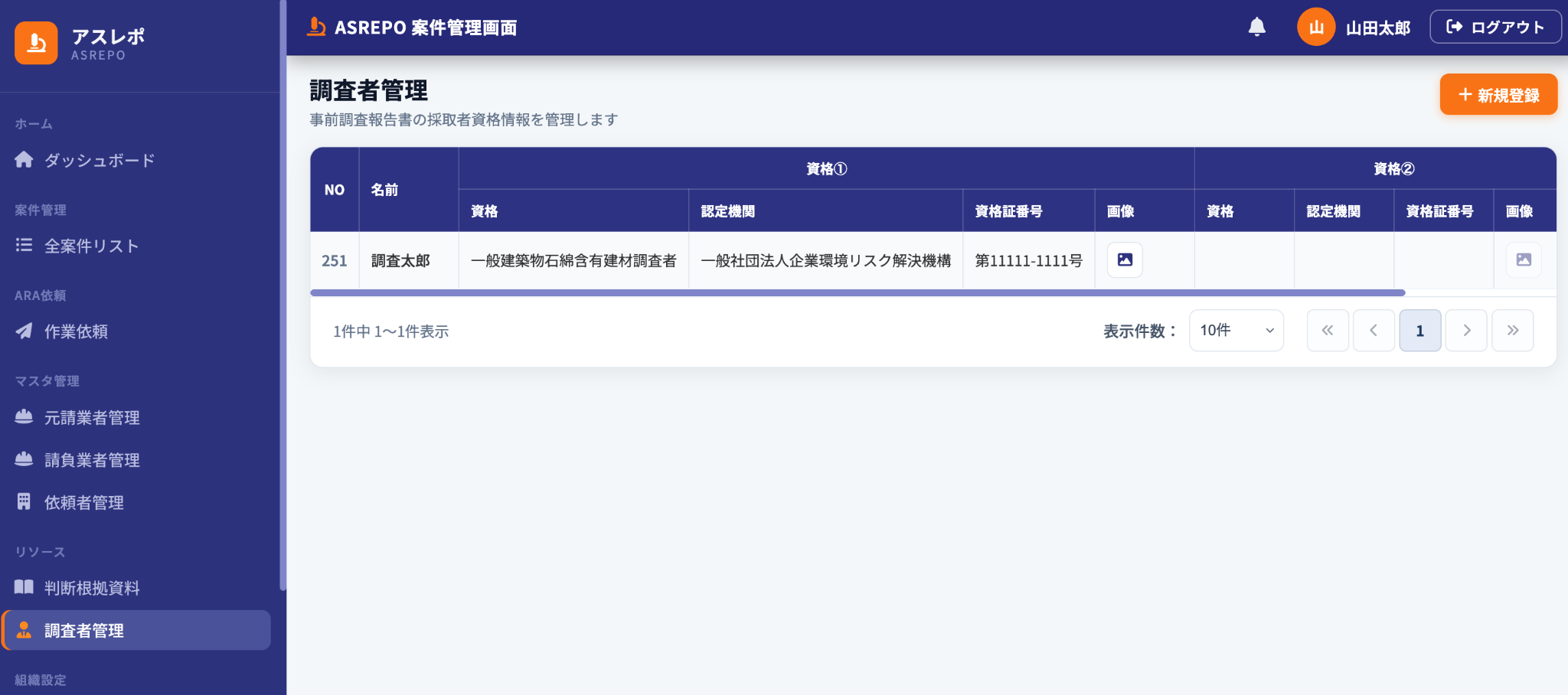 調査者登録後の一覧画面