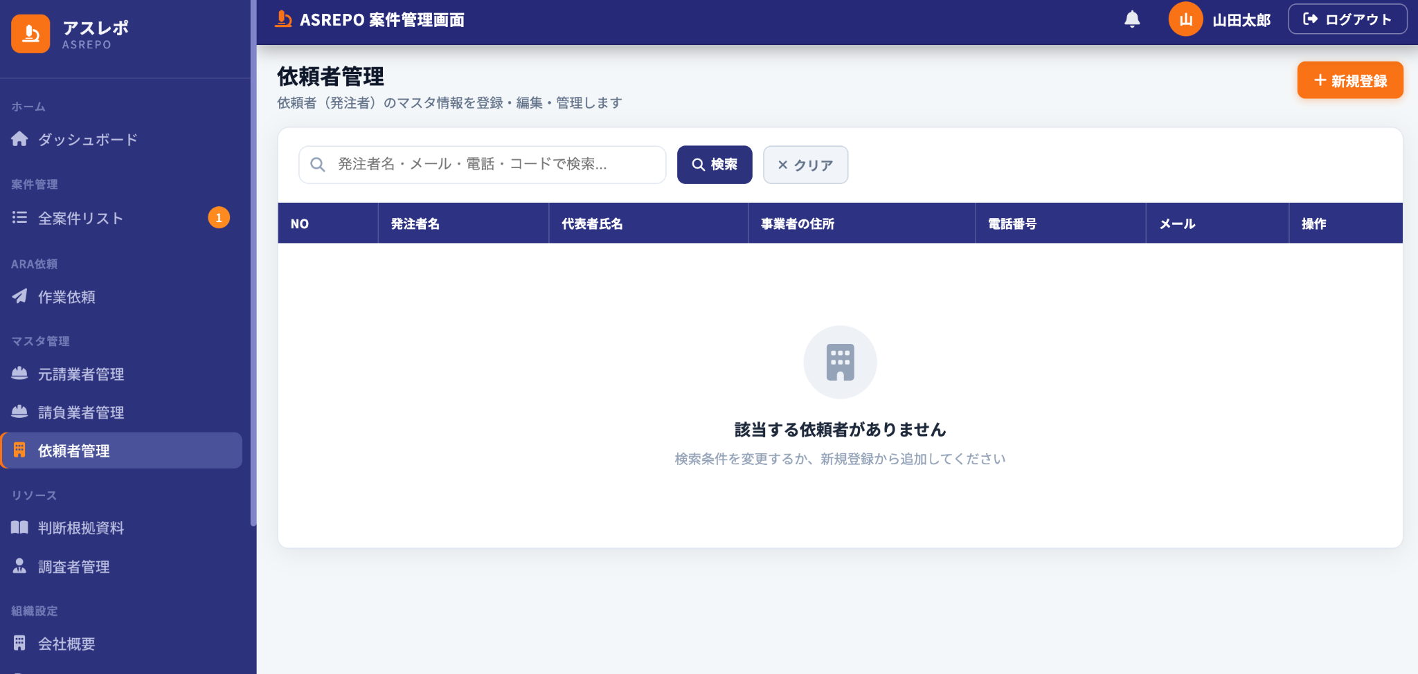依頼者管理一覧画面